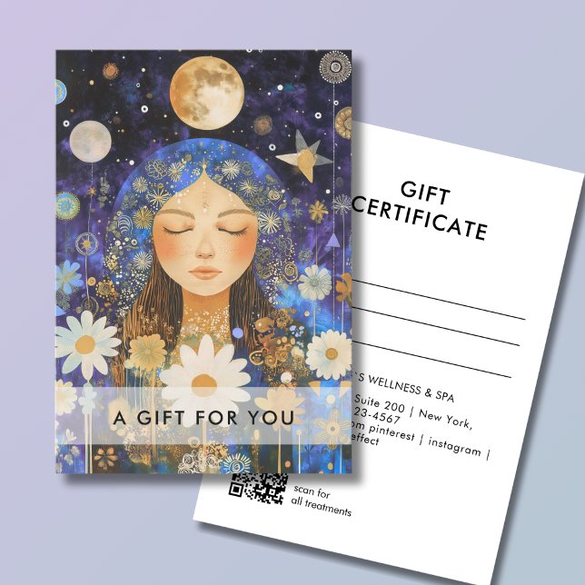 Certificado de Presente Código QR Cosmic Girl Boho (Cosmic Girl Boho Moon QR Code Salon Gift Certificate Blue & Gold)