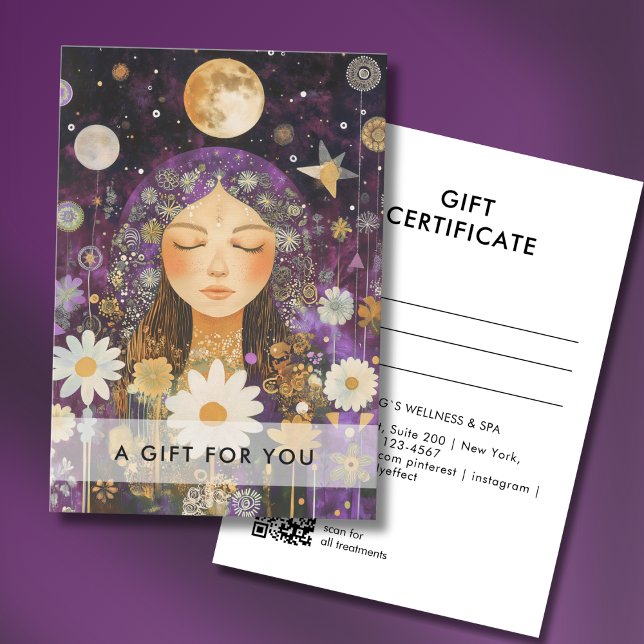 Certificado de Presente Código QR Cosmic Girl Boho (Cosmic Girl Boho Moon QR Code Salon Gift Certificate Purple & Gold)