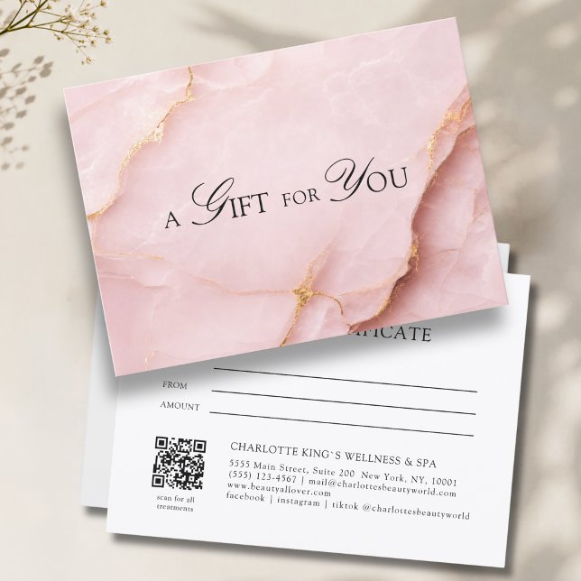 Certificado de Presente Código QR de Mármore Rosa  (A Gift for You! Blush Pink Gold Marble QR Code Gift Certificate)