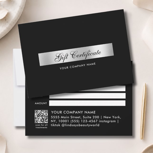 Certificado de Presente Código QR Preto Prata Eleg (Elegant Black Silver QR Code Gift Certficate)