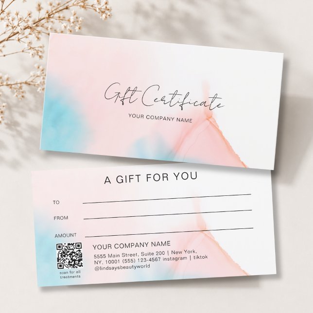 Certificado de Presente Código QR Tinta Aquarela (Watercolor Ink QR Code Gift Certficate Blue Pink Beige White)