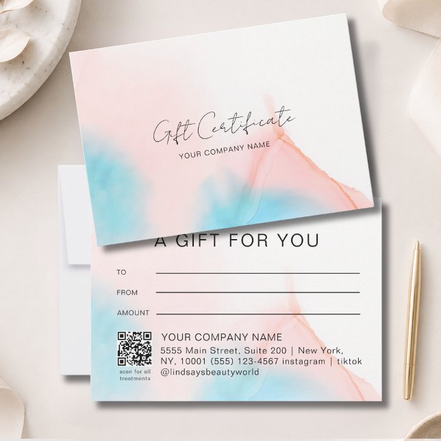 Certificado de Presente Código QR Tinta Aquarela (Watercolor Ink QR Code Gift Certficate Blue Pink Beige)