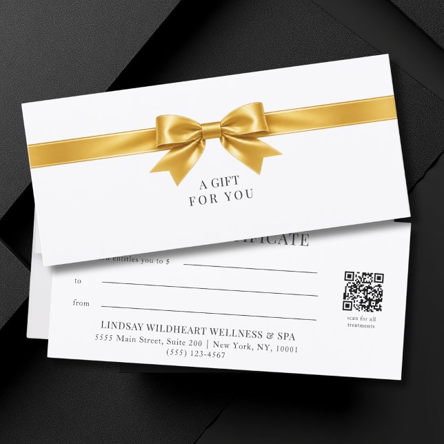 Certificado de Presente com Código QR de Laço Bran (Elegant White Gold Bow QR Code Gift Certificate)
