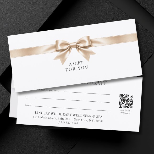 Certificado de Presente com Código QR de Laço Bran (Elegant White Bow QR Code Gift Certificate)