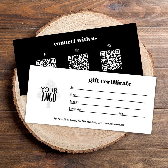Certificado de Presente com Código QR de Logotipo  (Black and white custom gift certificates. Add your logo.)