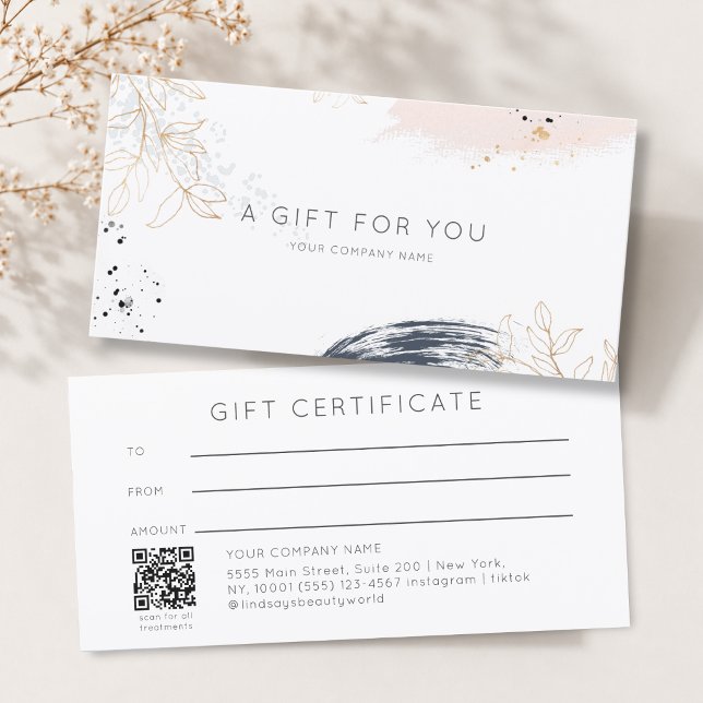 Certificado de Presente com Código QR de Tinta de  (Modern Watercolor Ink White QR Code Gift Certficate Blue Blush Gold )