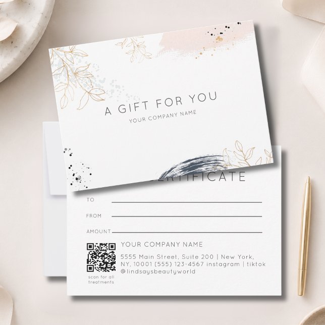 Certificado de Presente com Código QR de Tinta de  (Modern Watercolor Ink QR Code Gift Certficate White Blue Blush)