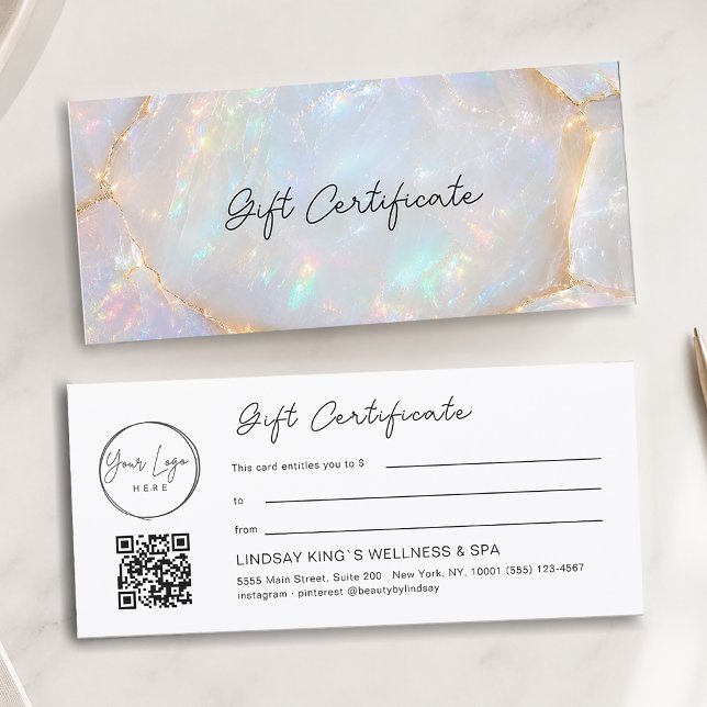 Certificado de Presente com Código QR do Logotipo  (Luxury Opal Logo QR Code Gift Card Certificate)