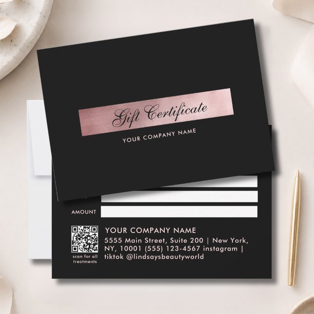 Certificado de Presente com Código QR Elegante Pre (Elegant Black Rosegold QR Code Gift Certficate)