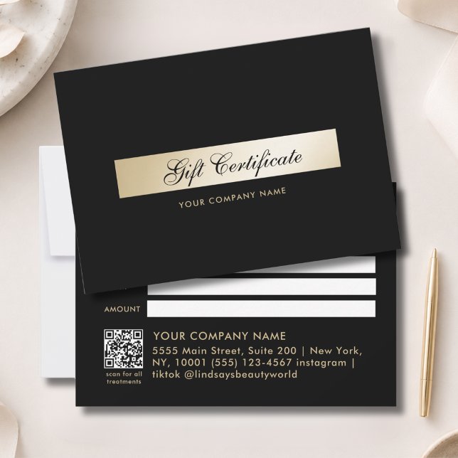 Certificado de Presente com Código QR Preto Elegan (Elegant Black Gold QR Code Gift Certficate)