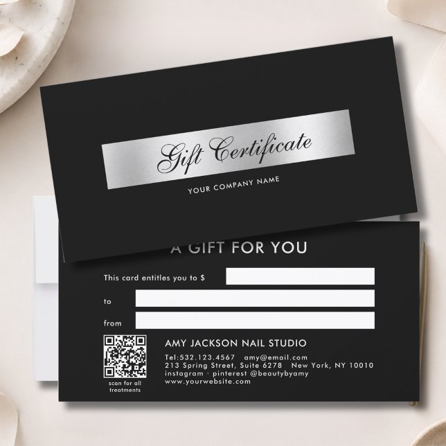 Certificado de Presente com Código QR Preto Elegan (Elegant Black Silver QR Code Gift Certificate)
