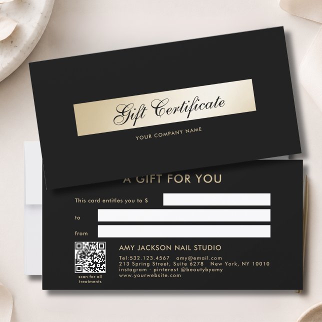 Certificado de Presente com Código QR Preto Elegan (Elegant Black Gold QR Code Gift Certificate)