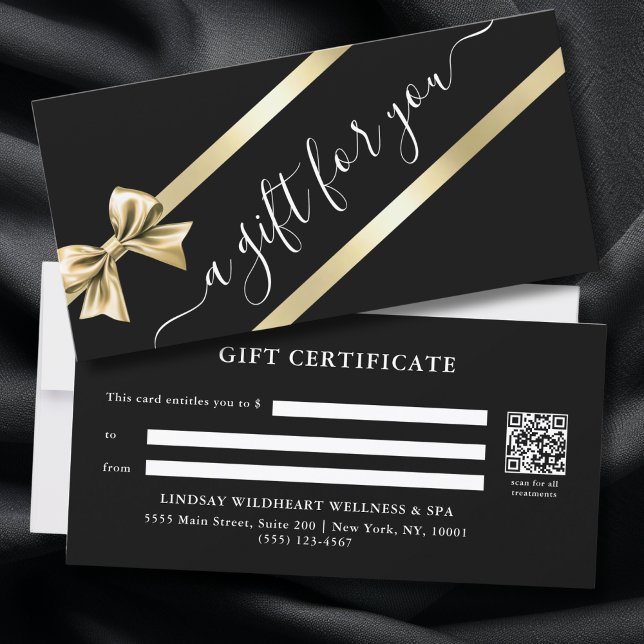 CERTIFICADO DE PRESENTE COM FITA PRETA E DOURADA E (ELEGANT GOLD BLACK RIBBON QR CODE BUSINESS GIFT CERTIFICATE)