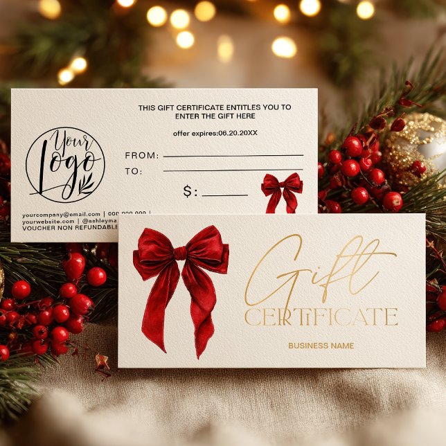 Certificado de presente com laço coquete vermelho  (Red Coquette Bow Gold logo gift certificate)