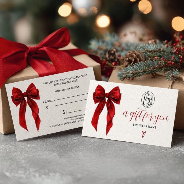 Certificado de presente com laço coquete vermelho  (Red Coquette Bow Christmas logo gift certificate)