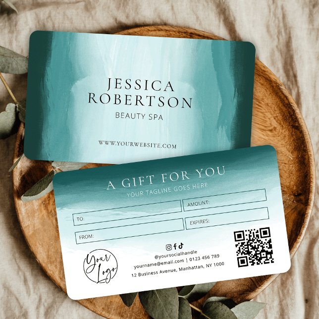 Certificado de Presente de Aestética de Cores Aquá (Elegant teal watercolor business gift voucher with your logo, QR code and contact details)