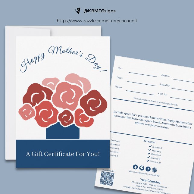 Certificado de Presente de Buquê Moderno para o Di (Modern Happy Mother's Day Bouquet Gift Certificate, Blue, White, Red)