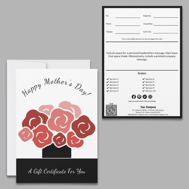 Certificado de Presente de Buquê Vermelho do Dia d (Happy Mother's Day Red Bouquet Gift Certificate, Small Business Marketing Tool)