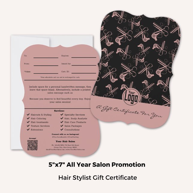 Certificado de Presente de Cabelo Preto Cinzento Q (5x7 Inch, Whimsical Pink Black Hair Stylist Gift Certificate, portrait format with bracket style)