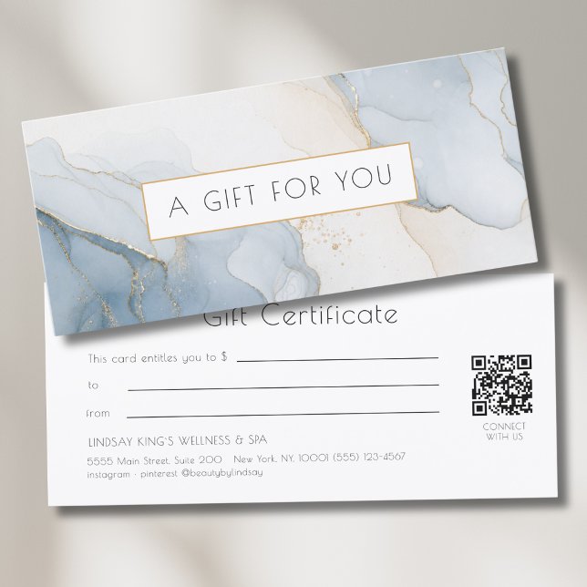 Certificado de Presente de Código QR de Mármore Az (Luxury Blue Gold Marble QR Code Gift Certificate)