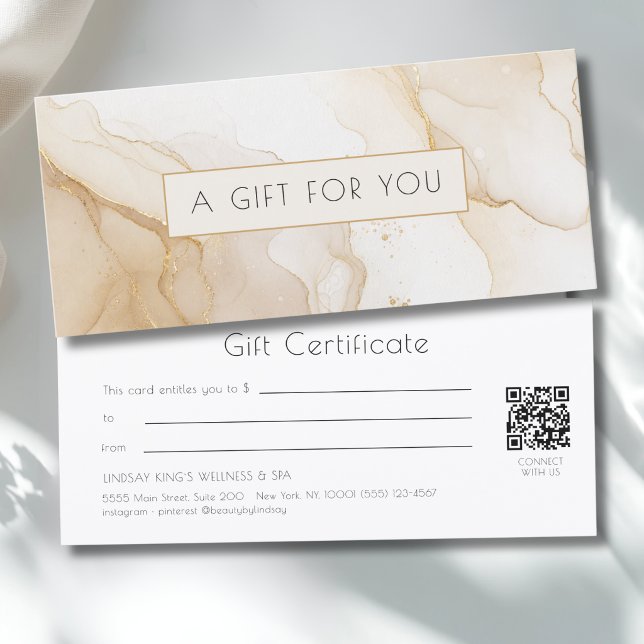 Certificado de Presente de Código QR de Mármore Do (Luxury Beige Gold Marble QR Code Gift Certificate)