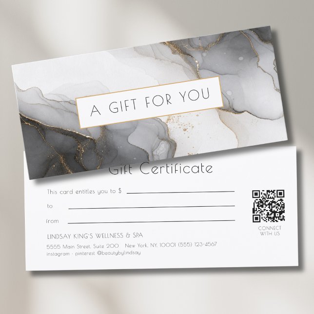 Certificado de Presente de Código QR de Mármore Ou (Luxury Black Gold Marble QR Code Gift Certificate)