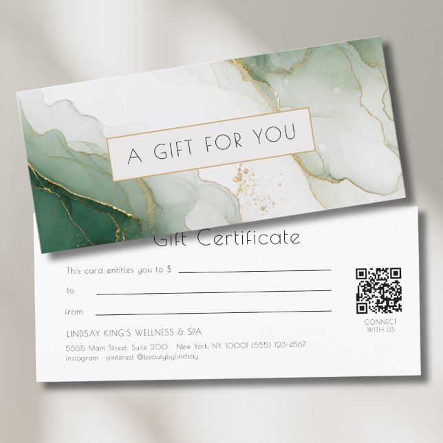Certificado de Presente de Código QR de Mármore Ve (Luxury Green Gold Marble QR Code Gift Certificate)