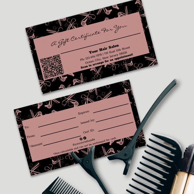 Certificado de Presente de Código QR para Ferramen (Chic Hair Tools Pattern QR Code Gift Certificate, Tuscany Pink & Black)