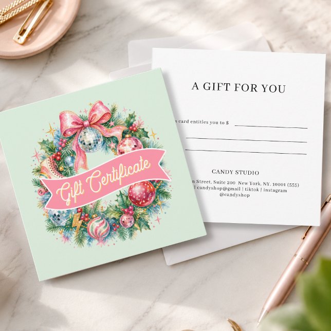 Certificado de Presente de Coroa de Natal Retro Di (Retro Disco Christmas Wreath Green Gift Certificate)