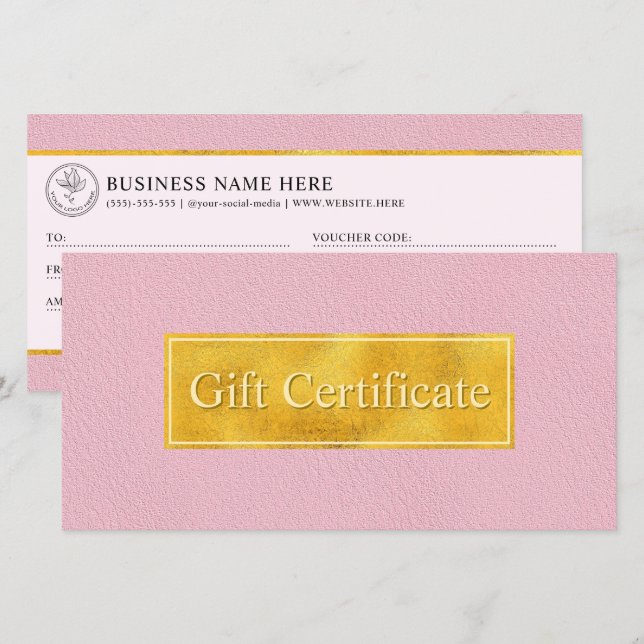 Certificado de Presente de Couro Rosa Falso e Folh (Frente/Verso)