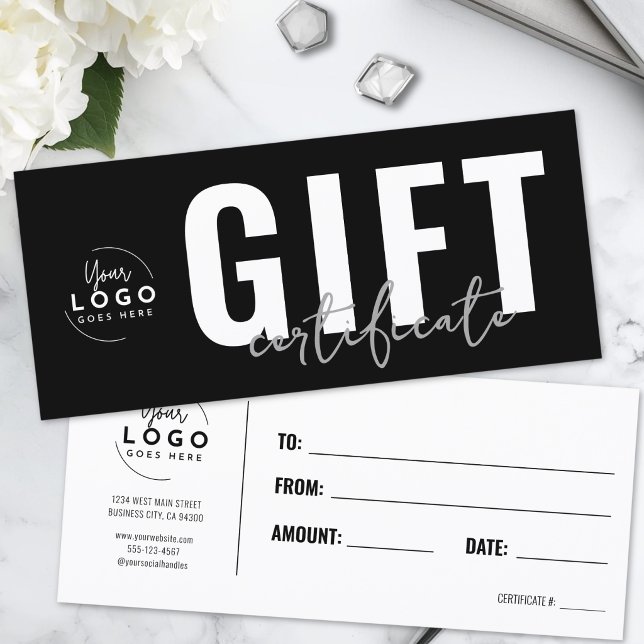Certificado de Presente de Empresa Preto Moderno c (Logo Modern Black Business Gift Certificate)