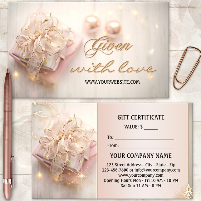 Certificado de Presente de Feriados Dourados Rosa  (Festive gift certificate template featuring a boho chic gift package with sparkling lights.)