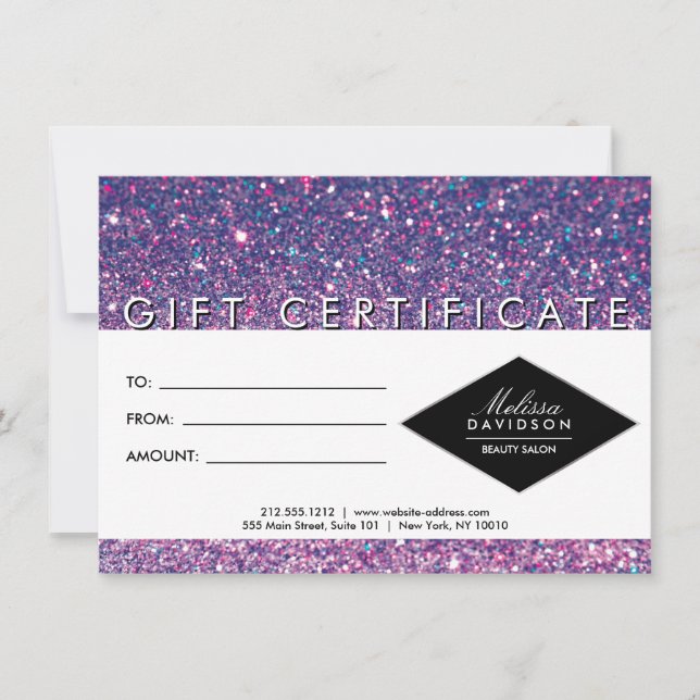 Certificado de Presente de Glitter Roxo e Salão de (Frente)