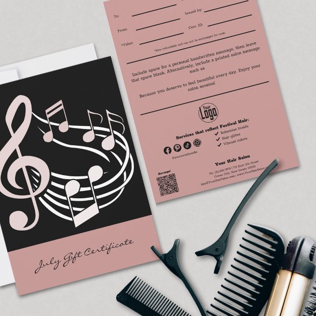 Certificado de Presente de Hairstylist Pink para J (Chic Hairstylist Pink July Gift Certificate, Logo, QR Code, Professional Tracking)