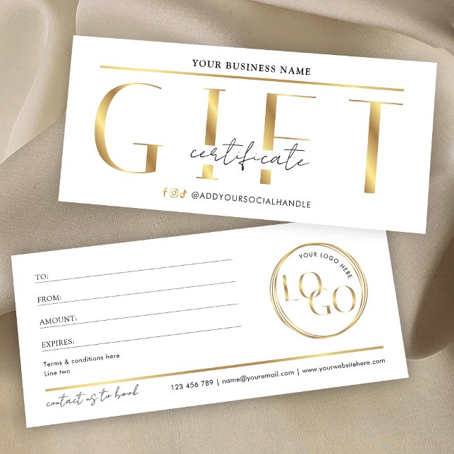 Certificado de Presente de Logotipo Dourado Glam S (Modern gold effect gift certificate with space for your custom text and logo)