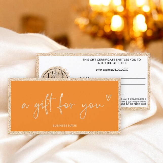Certificado de presente de logotipo laranja Dourad (Gold glitter heart orange logo gift certificate)