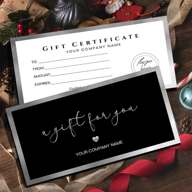 Certificado de Presente de Logotipo para Adicionar (#giftcertificate #silverframegiftcard #giftcard #Christmas #holiday #newyear #caligraphic #silvfoil )