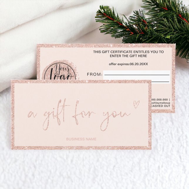 Certificado de presente de logotipo rosa com brilh (Rose Gold glitter blush pink logo gift certificate)