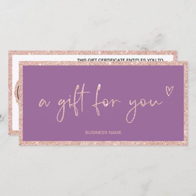 Certificado de presente de logotipo roxo com brilh (Frente/Verso)
