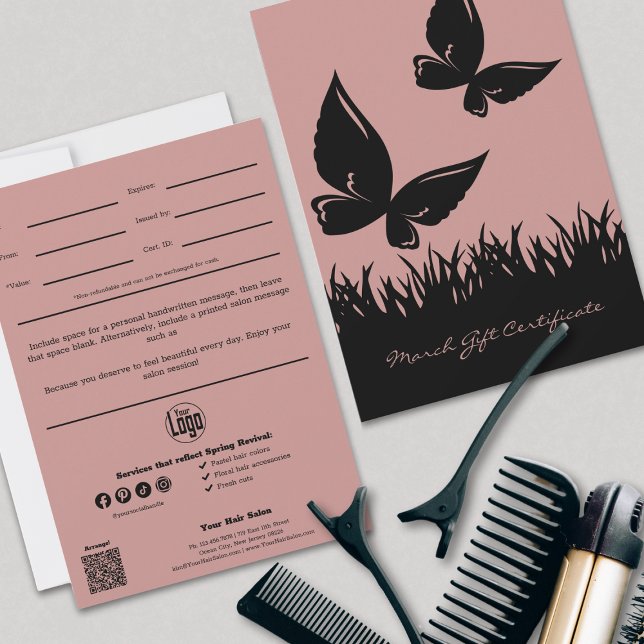 Certificado de Presente de Marcha de Hairstylist M (Modern Hairstylist March Gift Certificate, Pink and Black, Butterfly Silhouettes)