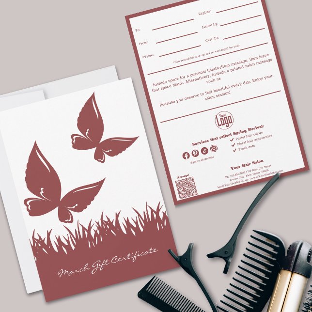 Certificado de Presente de Marcha de Nota de Servi (QR Code Services Note March Gift Certificate, Smoky Topaz White, Butterflies)