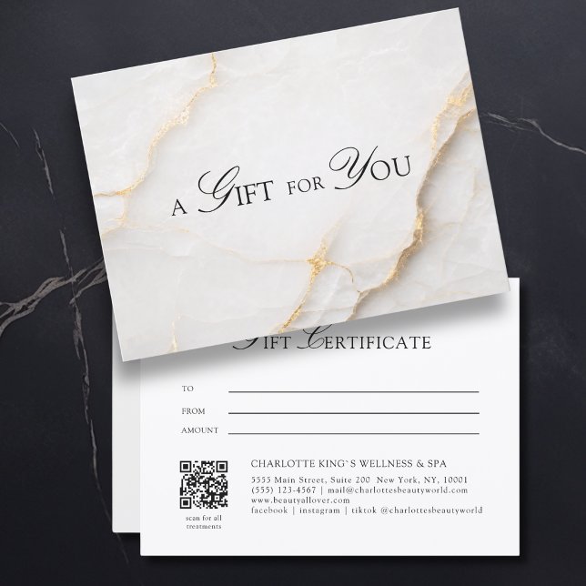 Certificado de Presente de Mármore Branco Elegante (A Gift for You! White Gold Marble QR Code Gift Certificate)