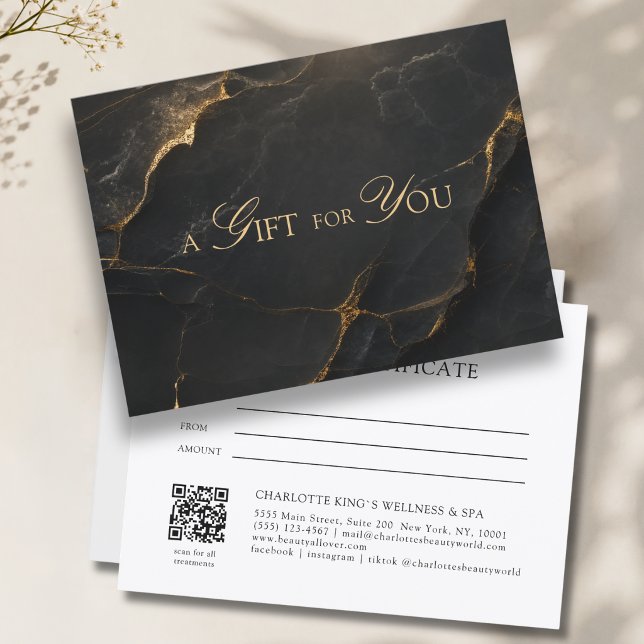 Certificado de Presente de Mármore Preto Elegante  (A Gift for You! Black Gold Marble QR Code Gift Certificate)