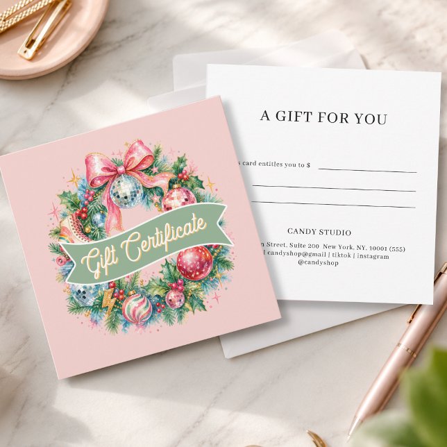 Certificado de Presente de Natal com Borda Retro D (Retro Disco Christmas Border Pink Gift Certificate)