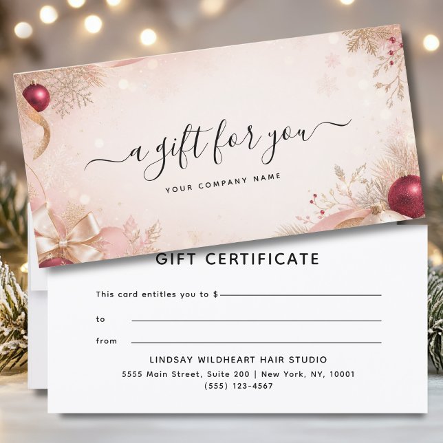 Certificado de Presente de Natal Elegante para Emp (Elegant Christmas Blush Pink Red Gold Business Gift Certificate)