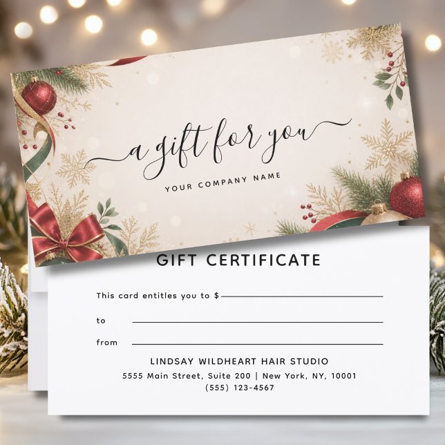 Certificado de Presente de Natal Elegante para Emp (Elegant Christmas Business Beige Green Red Gold Gift Certificate)