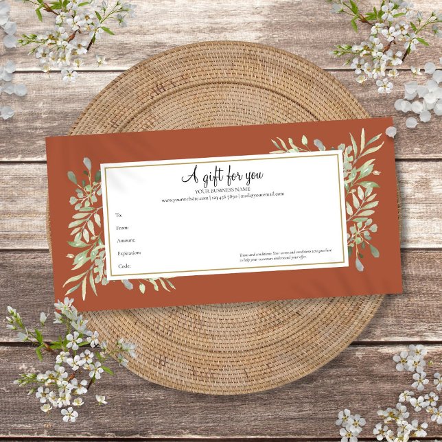 Certificado de Presente de Negócios Terracota Verd (Terracotta Greenery Gold Business Gift Certificate)