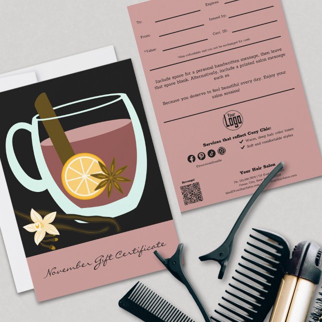 Certificado de Presente de Novembro de Preto Cor-d (Cozy Chic Pink Black November Gift Certificate, Professional Tracking, QR Code, Note)