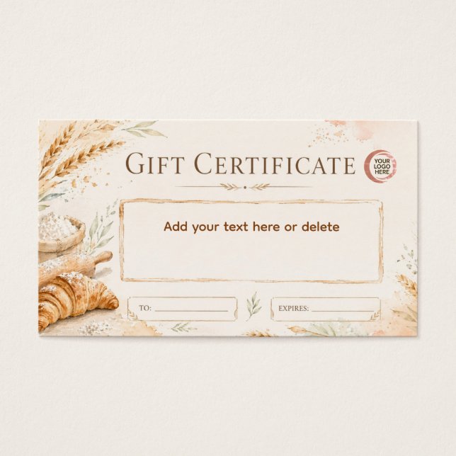 Certificado de presente de padaria em aquarela beg (Frente)