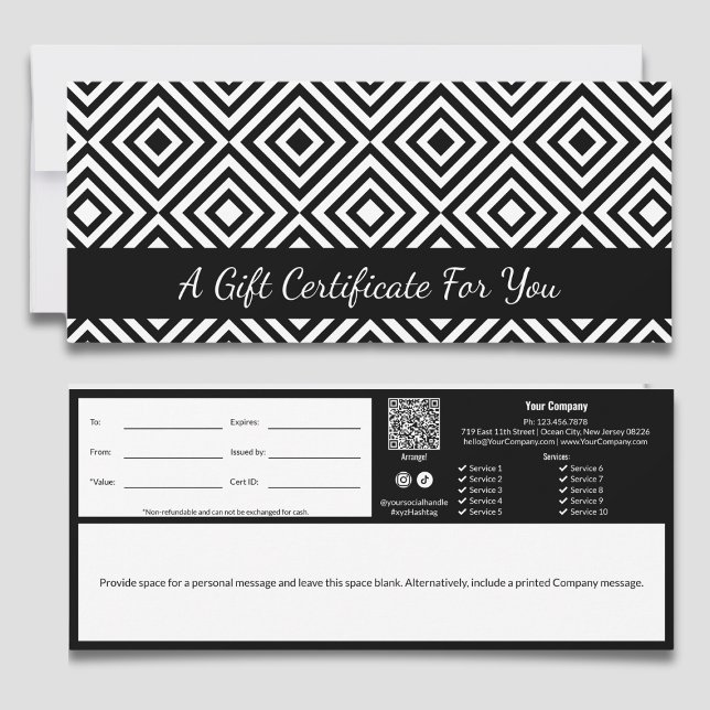 Certificado de Presente de Padrão de Azulejo Branc (Elegant Black White Tile Pattern Gift Certificate, QR-code, Terms, Track-ID, Write Note)
